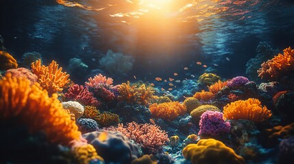 Fototapeta premium Vibrant coral reef underwater scene at sunset.