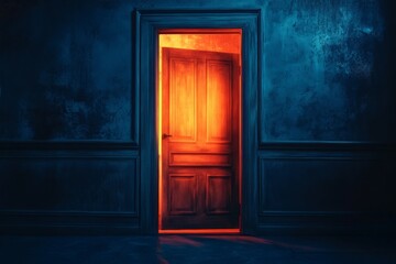 A dimly lit room reveals a glowing doorway