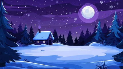 Fototapeta premium Winter Night Cabin in Snowy Forest Under Full Moon