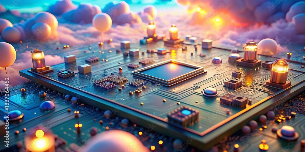 Poster futuristic circuitry: glowing particles & floating objects in pastel sky