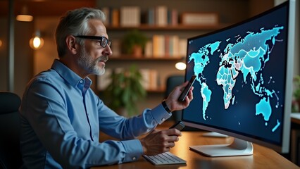 man sitting desk front computer monitor wearing blue shirt glasses holding smartphone his hand monitor displays world map blue green colors man appears focused map looking intently desk cluttered