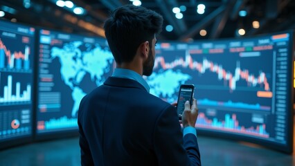 man suit standing front multiple large screens displaying stock market data man holding smartphone his hand appears looking screens intently screens arranged grid like pattern screen displays