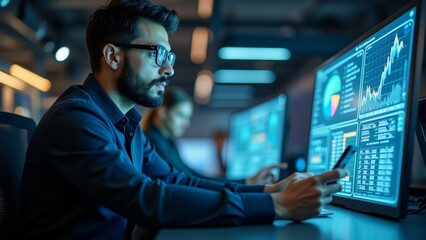 young man sitting desk front multiple computer monitors wearing dark blue shirt glasses has beard appears focused his work holding smartphone his hand looking screen monitors display various graphs