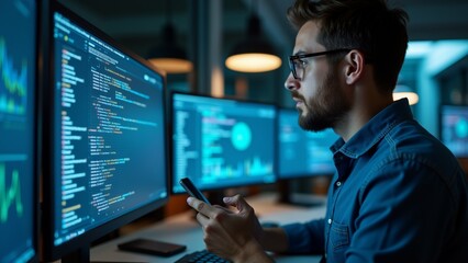 young man sitting front multiple computer monitors dark room wearing blue denim shirt glasses holding smartphone his hand monitors displaying various graphs charts different colors sizes man appears