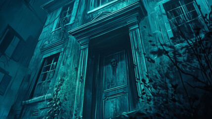 Old hall with broken elevator and ghost at night