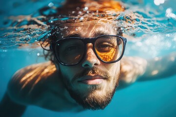 Fototapeta premium Man swimming underwater with sunglasses and beard