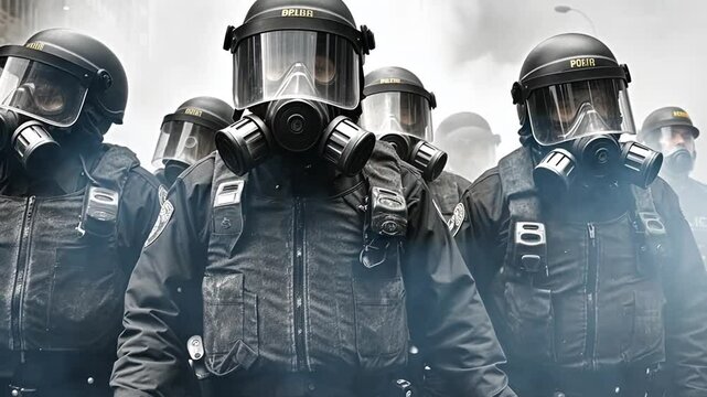 Schwarz-Wei&szlig;-Aufnahme von M&auml;nnern in Gasmasken und Uniformen