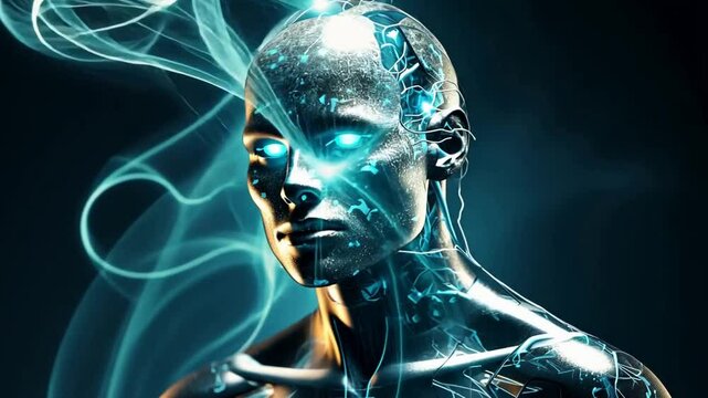 Elektrifizierter Cyborg mit funkelnden Augen und Sci-Fi-Design