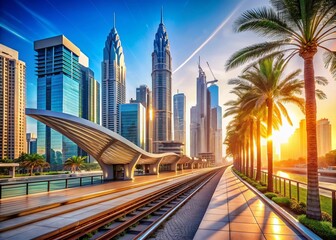 Futuristic Dubai Metro Station: Summer Sun, Gleaming Steel, Desert Oasis