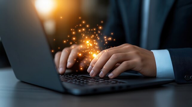 Sales executive engaged in data entry using a laptop with CRM system for customer insights and reporting at an office