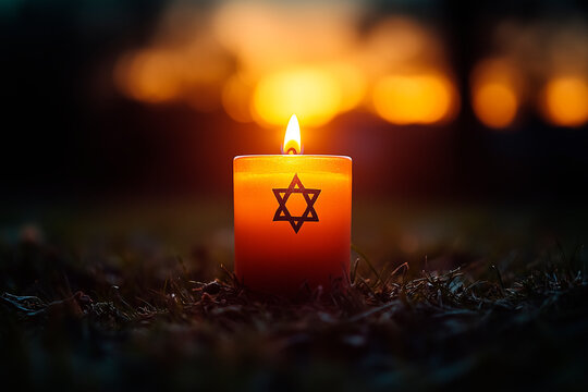 A solemn and respectful Yom HaShoah memorial card with a single, softly glowing Yahrzeit candle against a deep, muted background. A delicate Star of David in the distance, fading into light