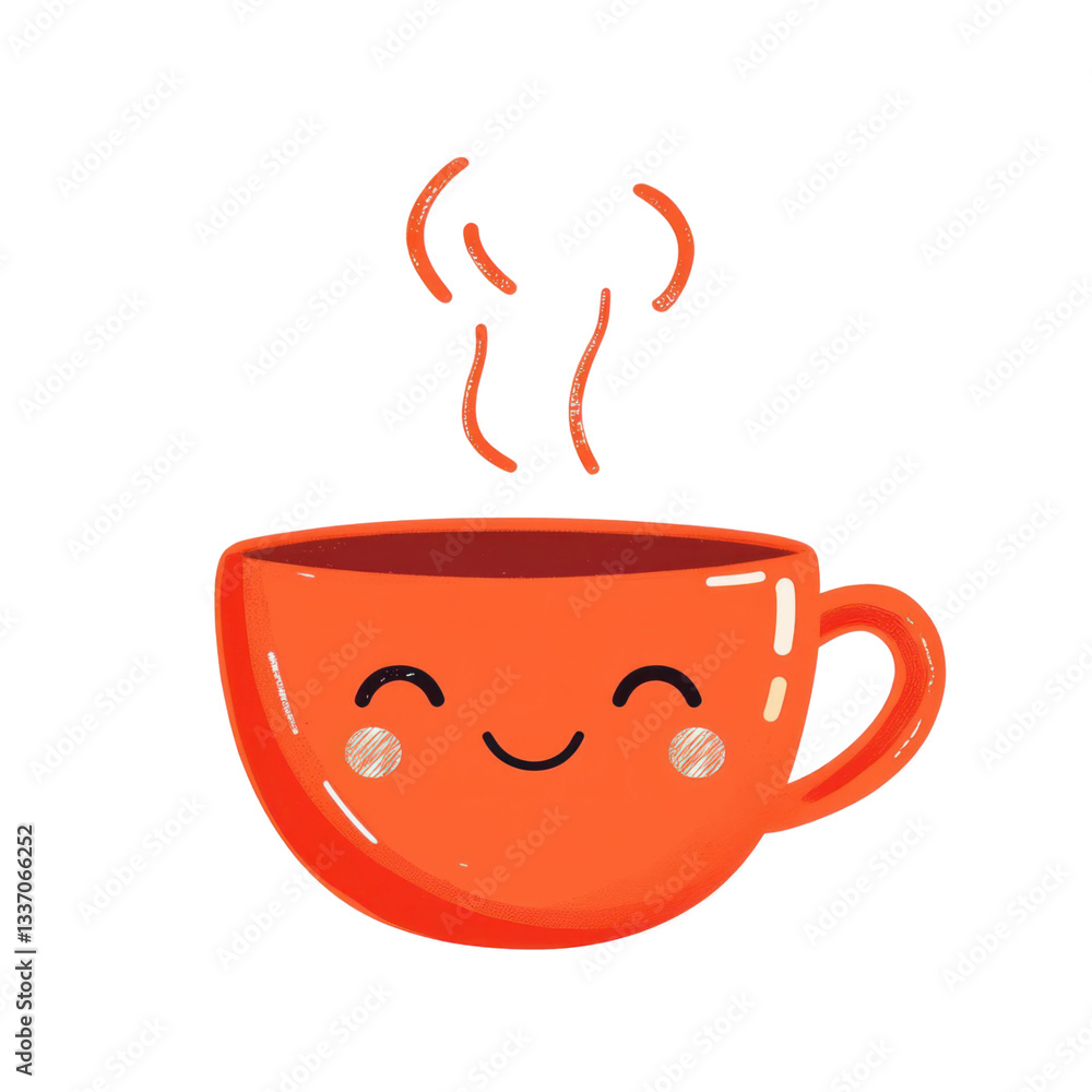 Poster cheerful orange mug smiling and steaming with a transparent background