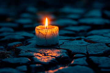 A somber and elegant Tisha B'Av memorial card, depicting a flickering candle resting on ancient, cracked stone, symbolizing the destruction of the Holy Temple. 