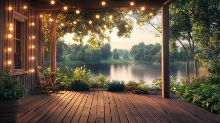 Obraz premium Wooden veranda or terrace of country house overlooks green trees and bushes in forest with lake shore. Summer cartoon vector landscape with patio made of wood with garlands to relax in backyard.