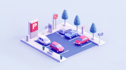 Parking banner with isometric illustration of cars, trees and road signs, with space for disabled person. Vector landing page template of auto parking place with entrance and exit