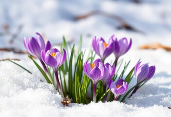 Delicate purple crocus blossoms emerge from melting snow, vibrant against white, macro, flower