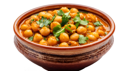 A bowl of food with chickpeas and green herbs. The bowl is brown and the food is orange