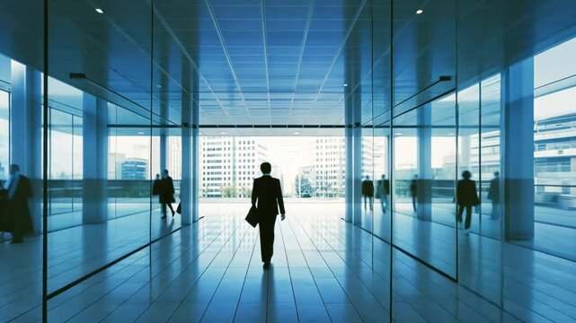 Moderne Glasgeb&auml;ude mit Menschen in einer hellen Umgebung