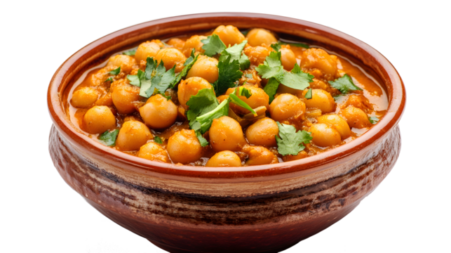 A bowl of food with chickpeas and green herbs. The bowl is brown and the food is orange