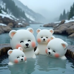 Bear's Cozy Dip: a group of cute cartoon bear dolls is enjoying a relaxing bath in a hot spring, snow-covered mountains and serene water. The image exudes warmth and tranquility