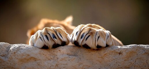 Close-up of big cat paws resting on rock
