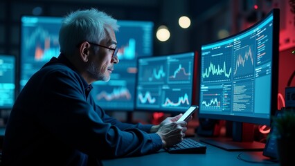 elderly man sitting desk front multiple computer monitors holding smartphone his hand appears looking intently monitors display various graphs charts blue red colors man wearing dark blue shirt