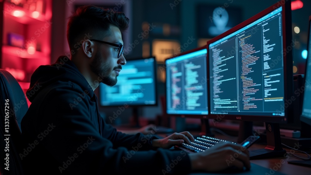Poster young man sitting desk front multiple computer monitors wearing black hoodie glasses appears focused