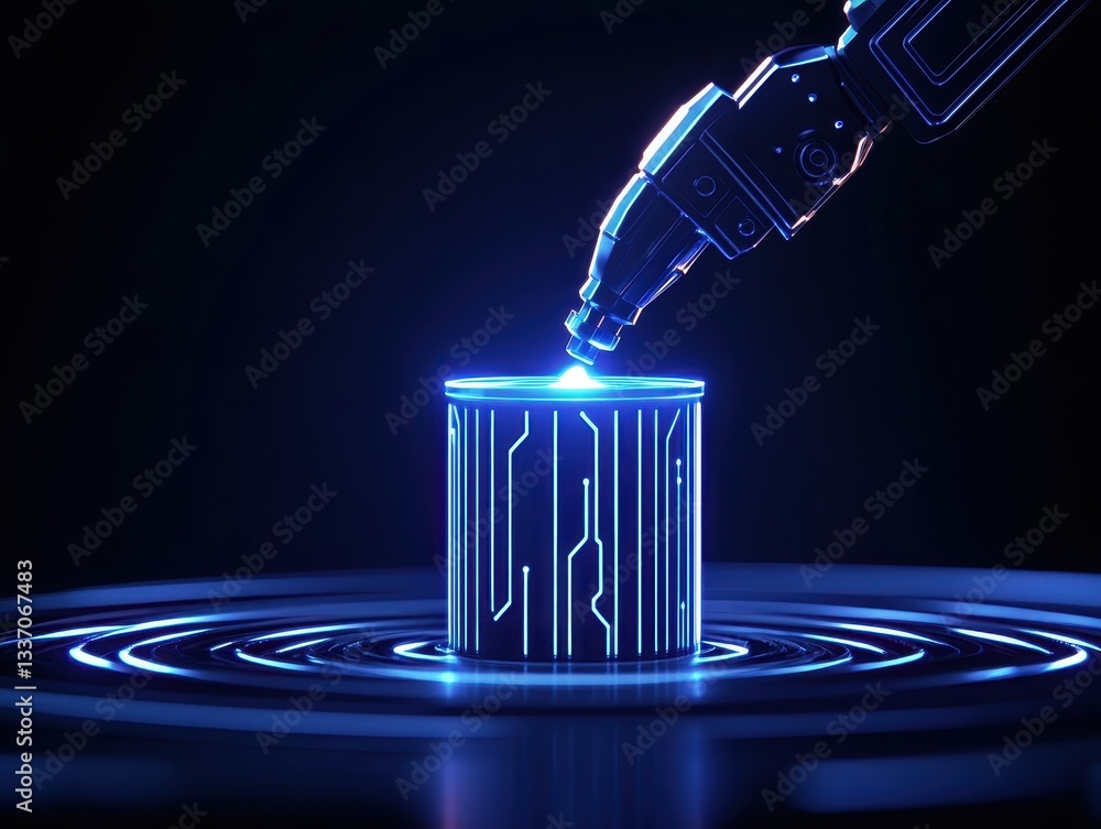 Poster futuristic robotic arm interacting with a glowing cylindrical object in a dark setting