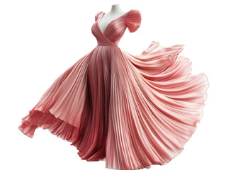 A flowing pink gown on a mannequin with a deep v neckline and pleated skirt on a Transparent Background