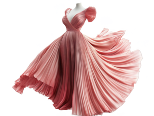 A flowing pink gown on a mannequin with a deep v neckline and pleated skirt on a Transparent Background