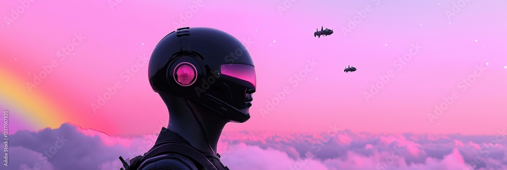 Poster a robot is standing in front of a rainbow and a sky full of clouds. the robot is wearing a helmet an