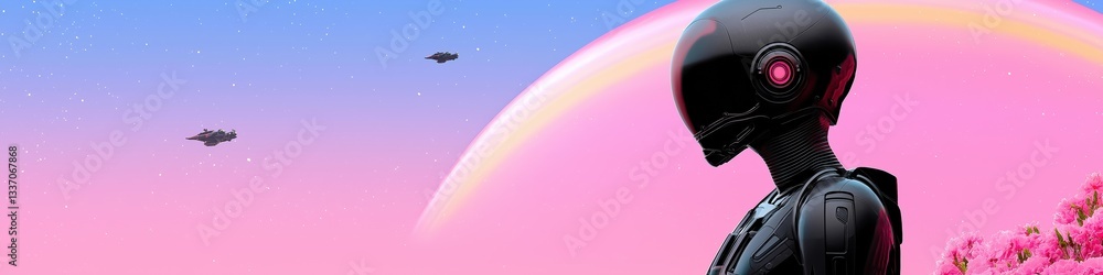 Poster a robot is standing in front of a pink planet. the robot is wearing a helmet and has a futuristic ap