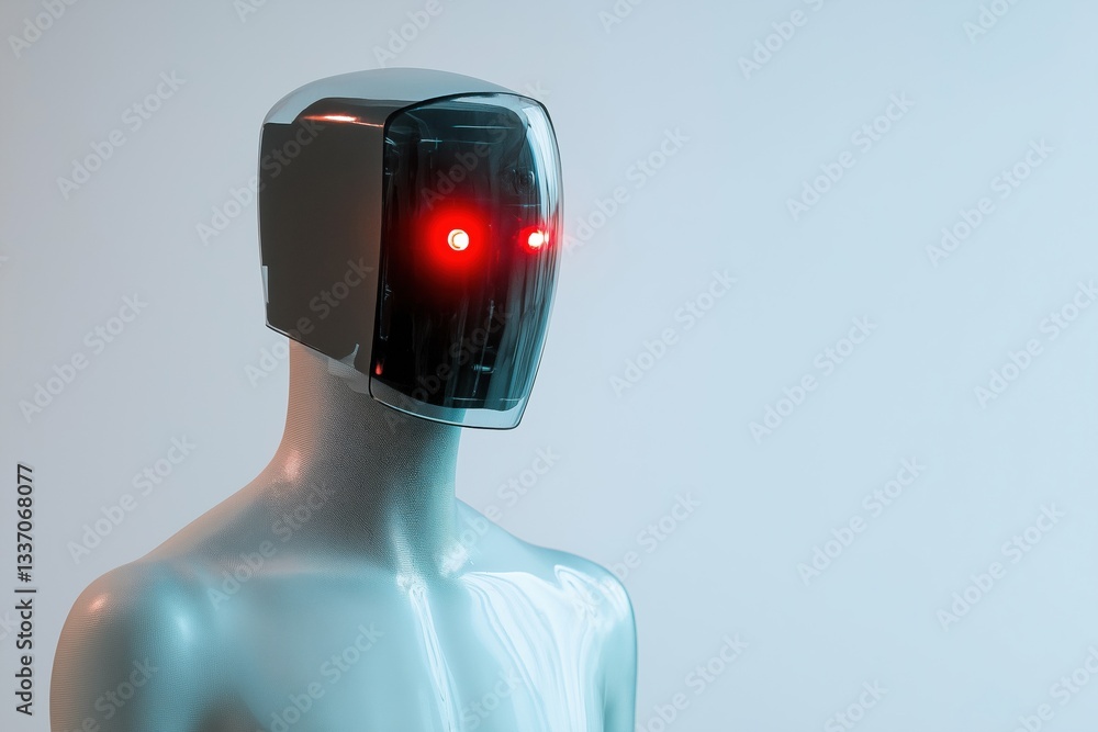 Aufkleber a robot with red eyes stands in front of a white wall. the robot's face is made of a clear material,