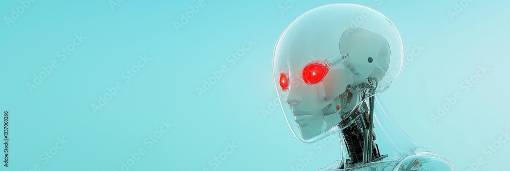 Poster a robot with red eyes is staring at the camera. the robot is made of glass and has a metallic look. 