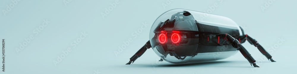 Poster a robot with red eyes is standing in front of a white background. the robot is made of metal and has