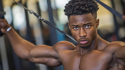 Gym poster, fitness club and online workout. Concept of sport training program with physical and cardio exercises. Vector banner with subscribe button and cartoon interior of gymnastic center