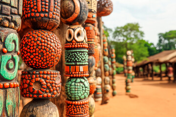 A vibrant close-up of Ovimbundu tribal ornaments from Angola, featuring handmade seed bead necklaces, intricately carved wooden bangles, and large shell earrings. 