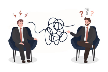 Bad communication concept. Businessmen talking through messy chaos, tangled line make people confused. Misunderstanding create confusion in work