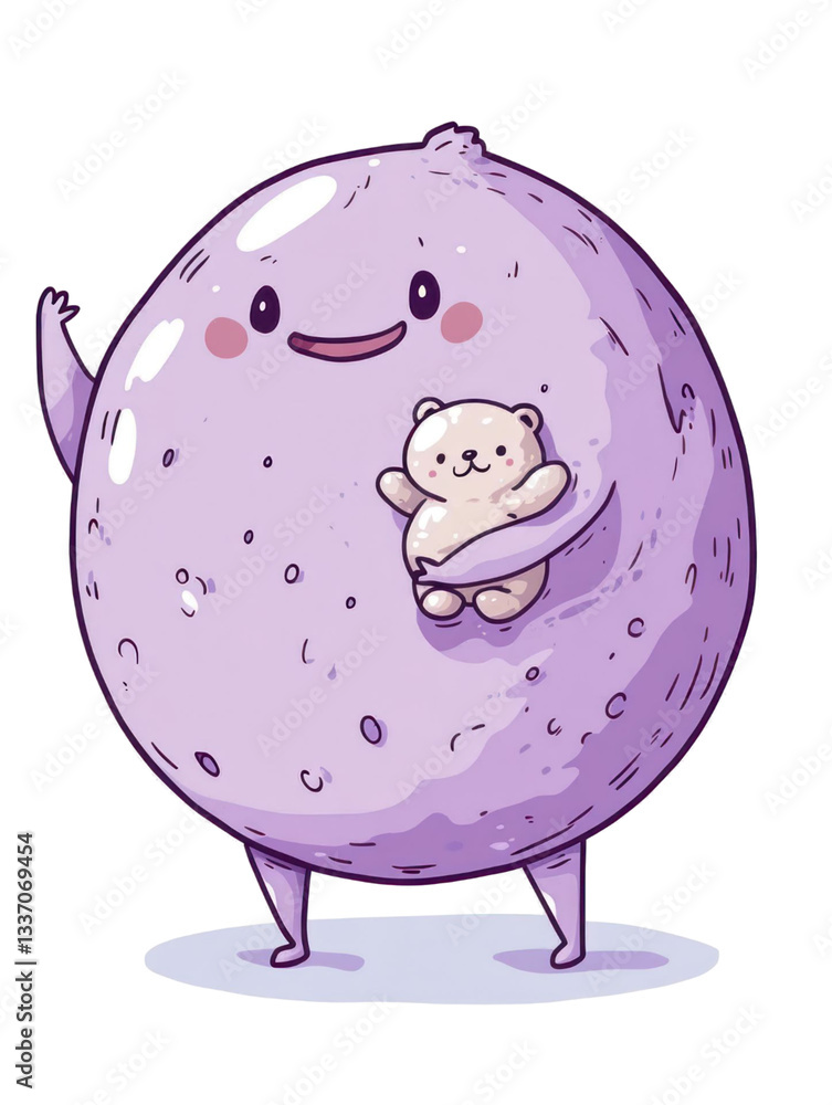 Poster smiling purple creature with small toy embracing in a transparent background