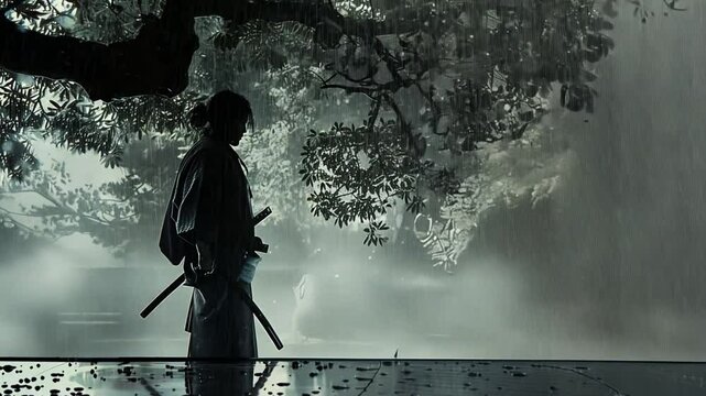 Schwarz-wei&szlig; Szene eines Samurai in winterlicher Umgebung