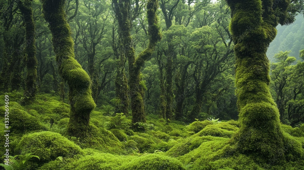 Poster vibrant trees enveloped in thick moss form a magical woodland landscape, inviting exploration and re