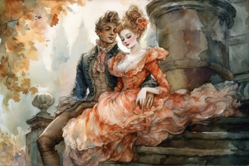 A romantic scene done in watercolor. A young couple in rococo clothing sits on stone steps near a majestic column surrounded by autumn leaves.  