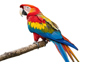 a colorful parrot perched on a branch cutout image and isolated on transparent background 