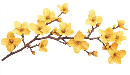 A branch of delicate yellow flowers.  Detailed blossoms and stems are visible against a pure white background
