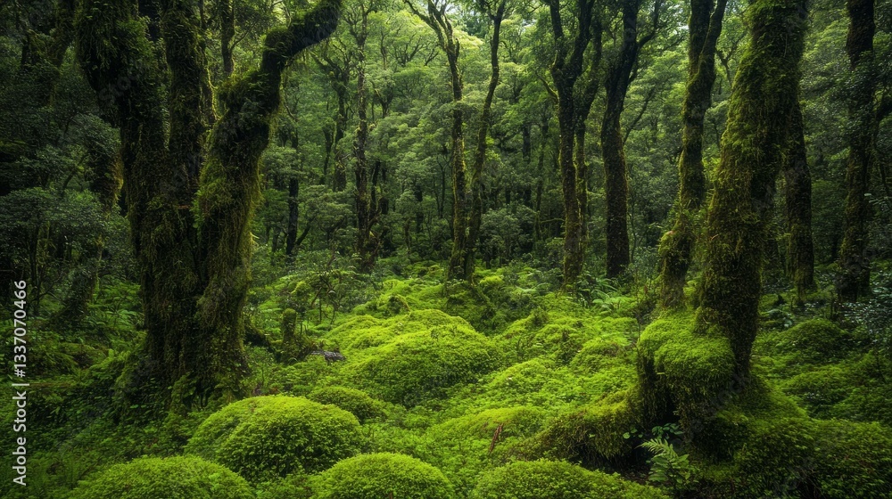 Poster a lush canopy of trees rises high, their trunks adorned with vibrant green moss. ground ferns and so