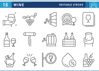 A set of line icons related to Wine. Bar, barrel, drinks, menu, grapes, celebrate, and so on. Vector editable stroke.