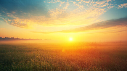 A breathtaking sunrise over a misty field, with vibrant colors illuminating the sky and creating a serene atmosphere.