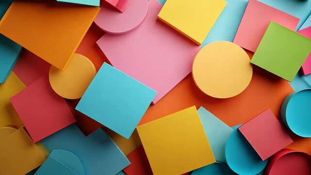Colorful arrangement of geometric shapes and paper cutouts scattered on a flat surface
