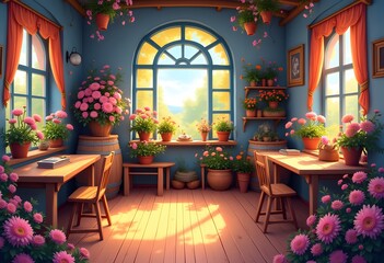 Flowers in a garden in front of a house with a cozy interior featuring a dining table, chairs, and festive decorations
