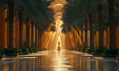 Serene pathway lined with palm trees and a glowing statue, illuminated by sunlight beams in a luxurious setting